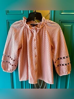 Banana Republic Eyelet Blouse Pink Petite Ruffle Neck Button Front XXS
